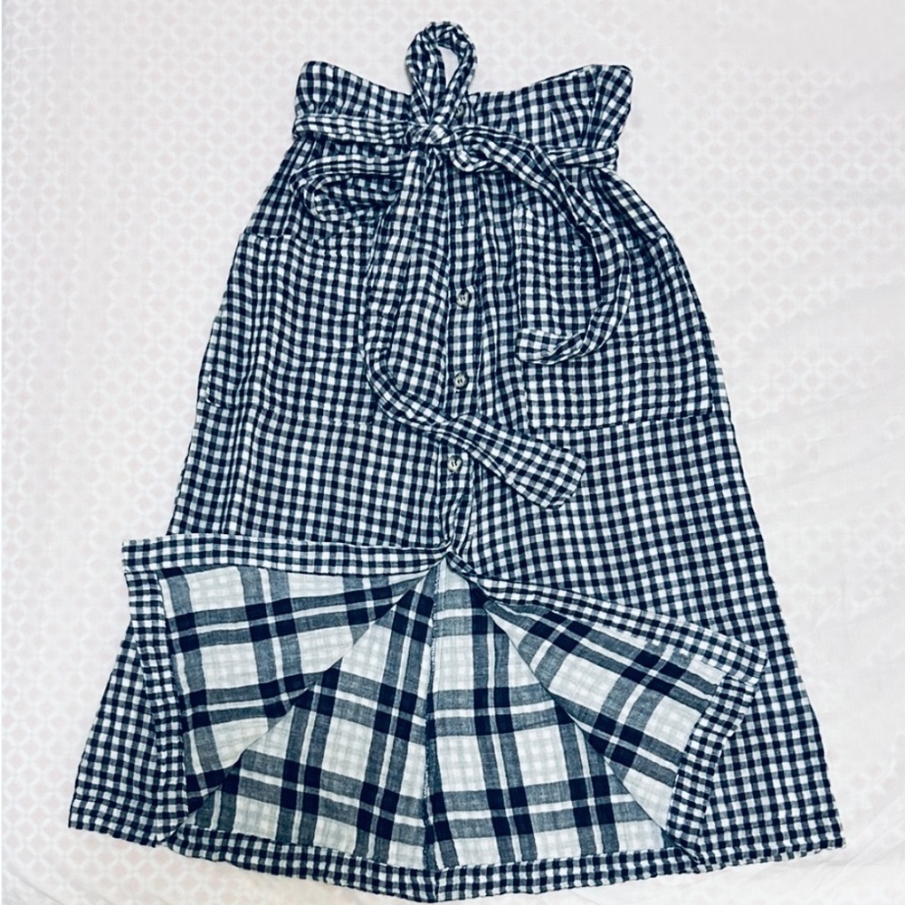 Reformation Lia Midi Skirt in Dark Navy Blue Check XS